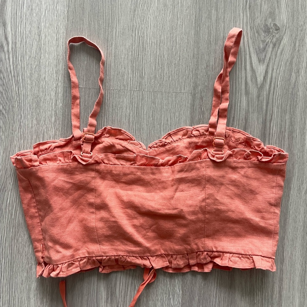 Wilfred Coral Lace-Up Linen Crop Top with Ruffle Trim - Picture 3 of 6